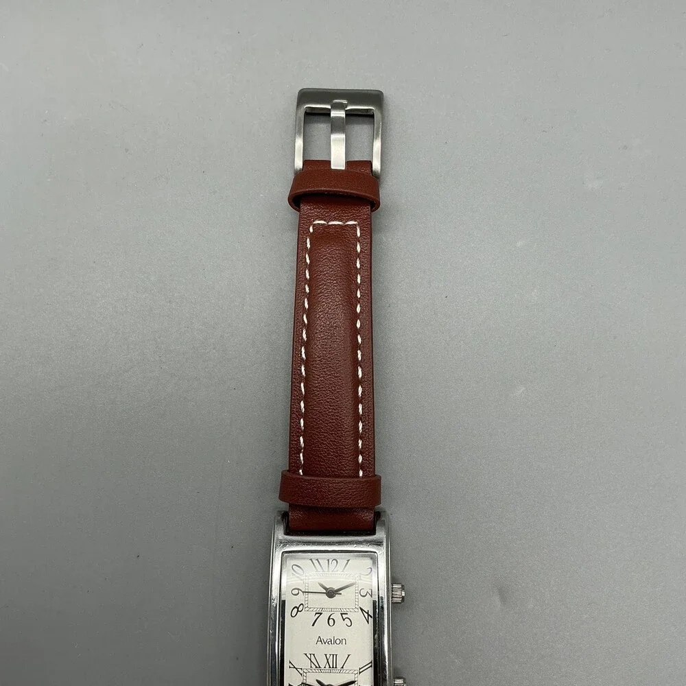 Avalon Dual Time Womens Watch 23mm Silver Dial Brown Leather Strap New Battery